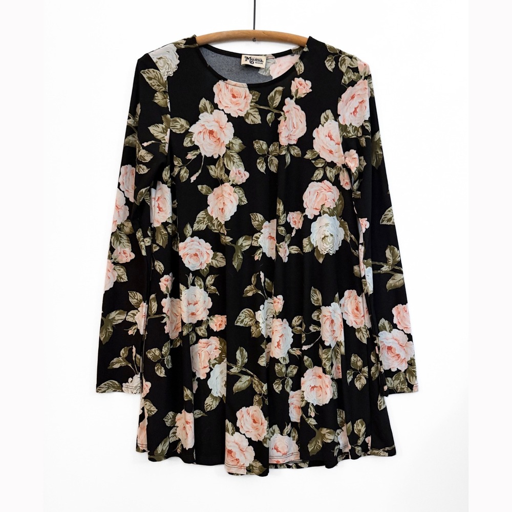Show Me Your Mumu Tyler Tunic Dress Medium M Black Pink Romantic Rose Floral Top